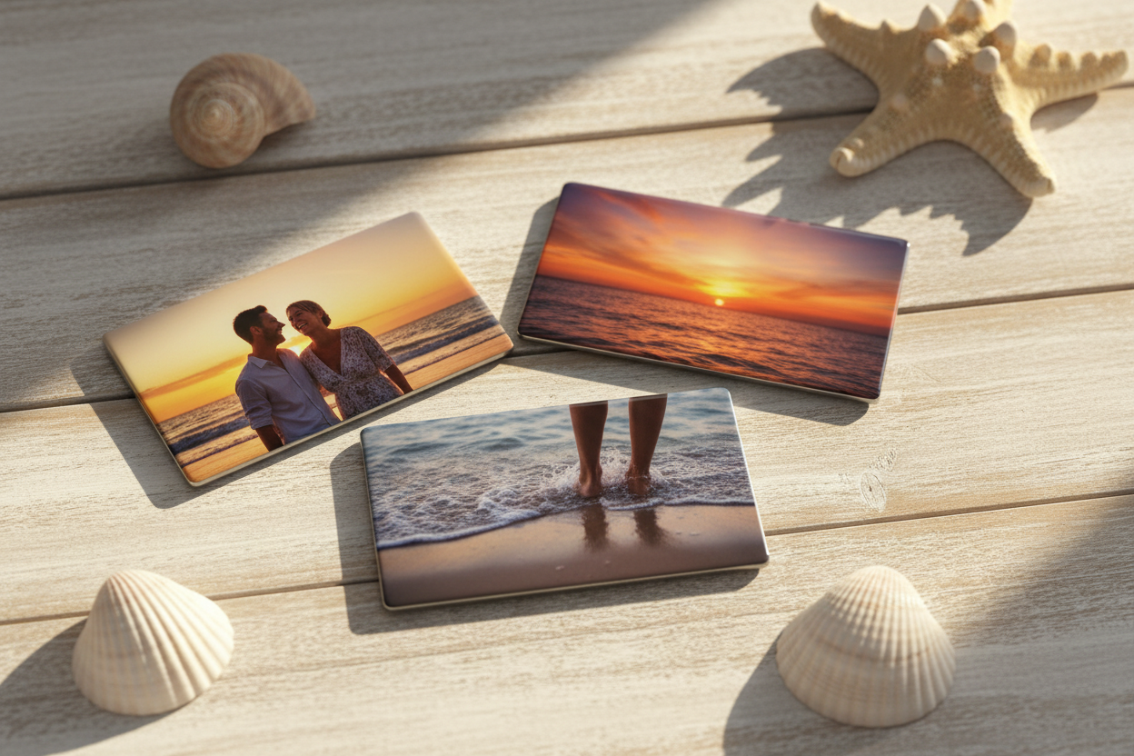 2x3 photo magnets with beach vacation photos on a sun-bleached wooden surface with seashells