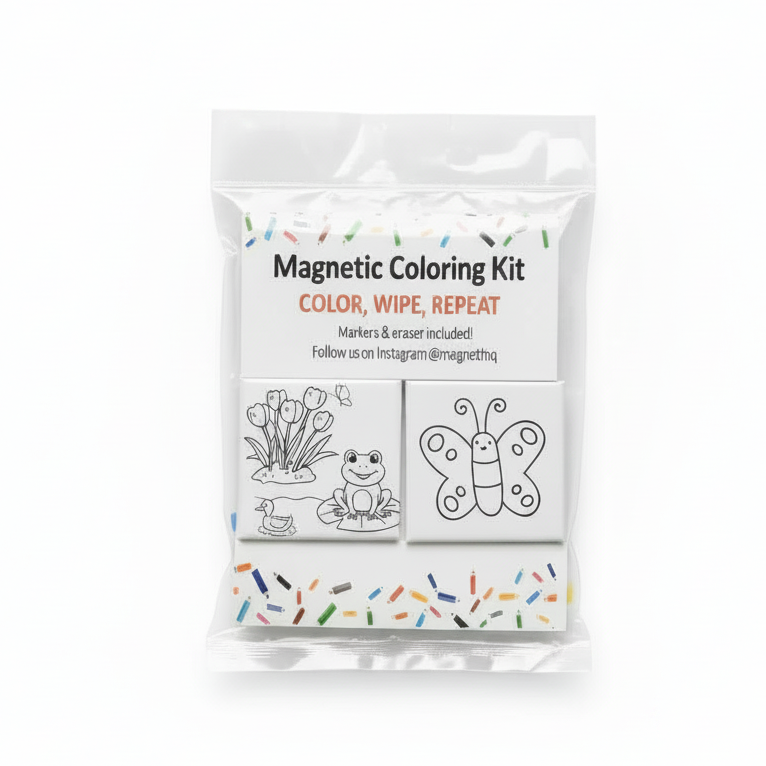 Magnetic Coloring Kit in clear packaging, clean minimal white background